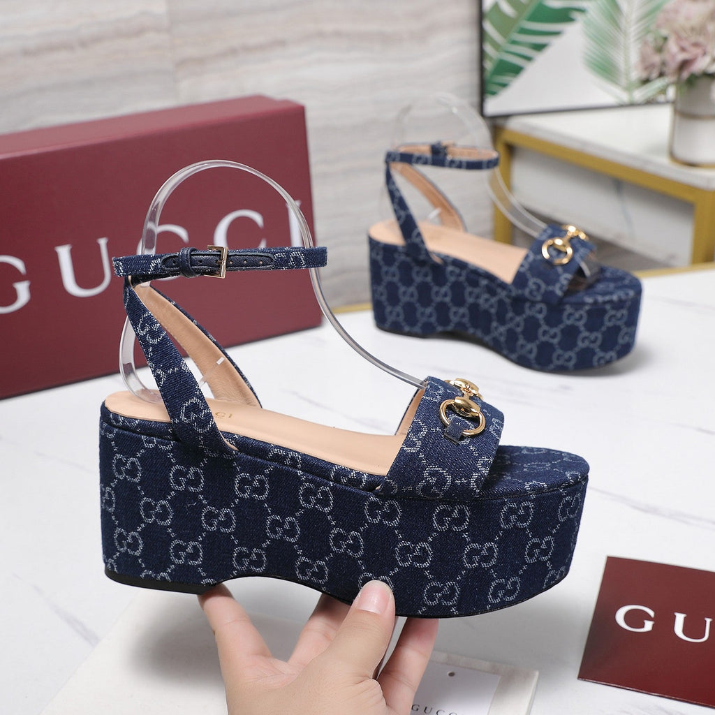GUCCI 26S WEDGE SANDALS 80 MM IN BLUE GG DENIM GOLD HARDWARE