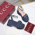 GUCCI 26S WEDGE SANDALS 80 MM IN BLUE GG DENIM GOLD HARDWARE