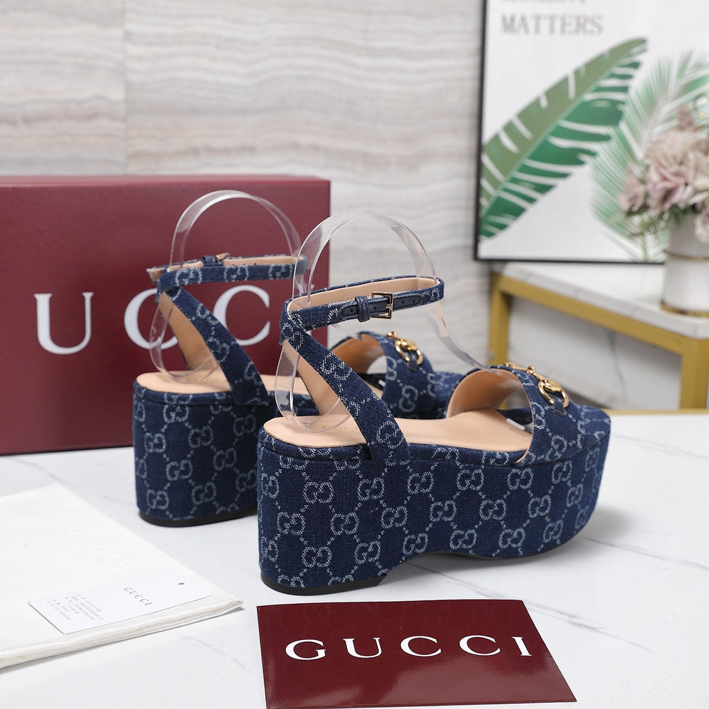 GUCCI 26S WEDGE SANDALS 80 MM IN BLUE GG DENIM GOLD HARDWARE