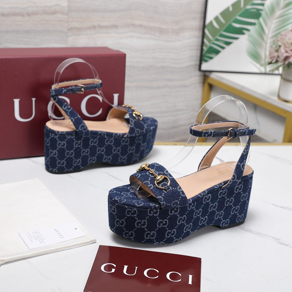 GUCCI 26S WEDGE SANDALS 80 MM IN BLUE GG DENIM GOLD HARDWARE