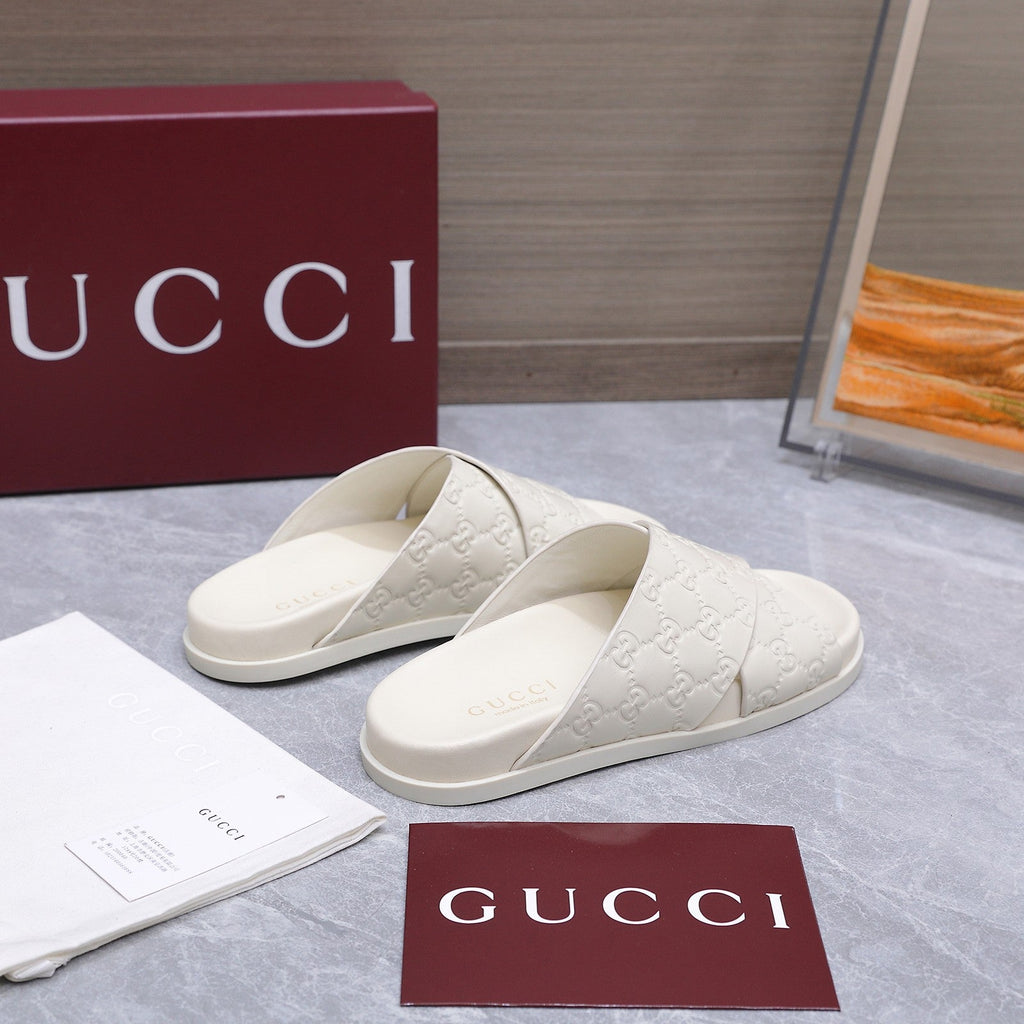 GUCCI 26S CROSSOVER SANDALS IN WHITE GG EMBOSSED CALFSKIN