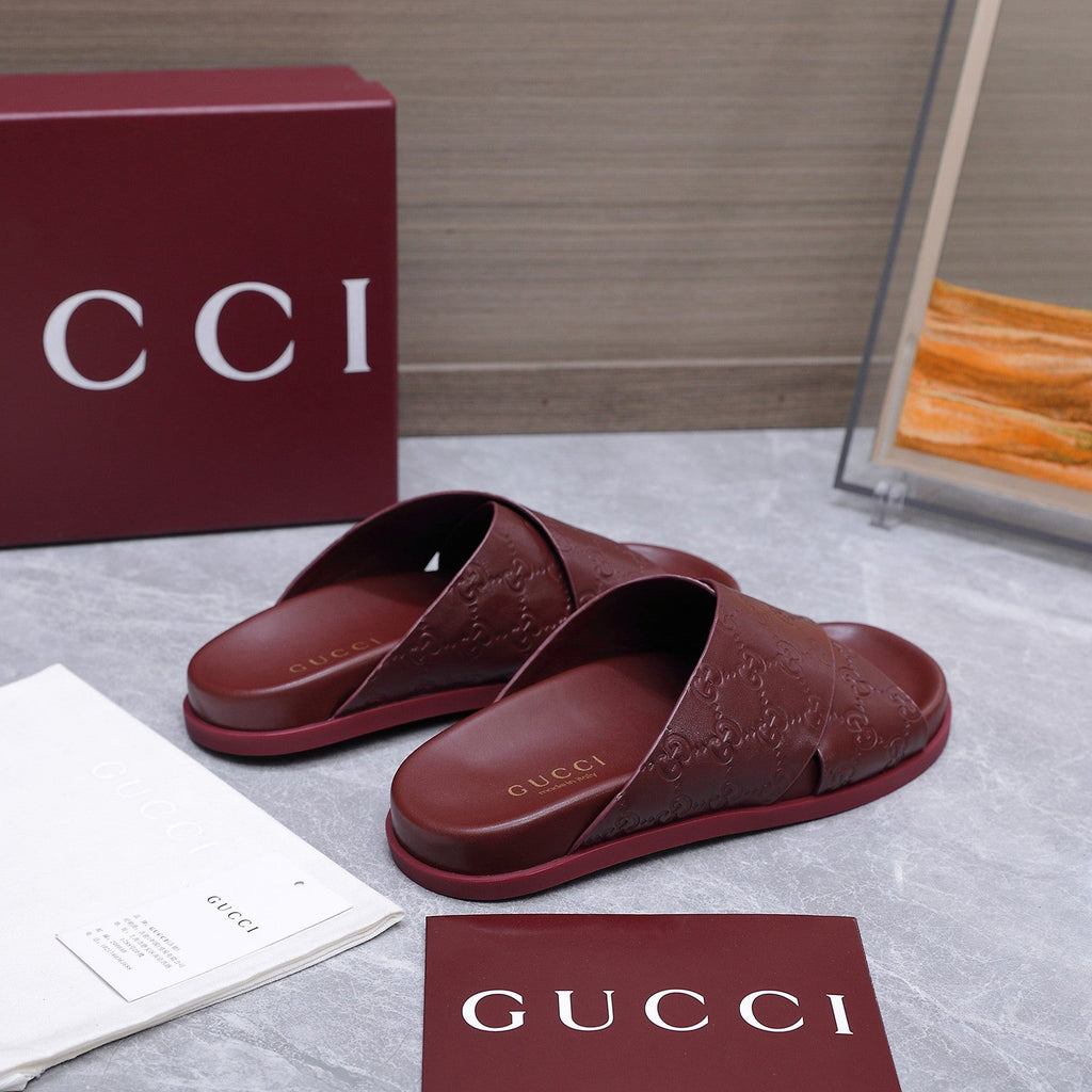 GUCCI 26S CROSSOVER SANDALS IN BURGUNDY RED GG EMBOSSED CALFSKIN