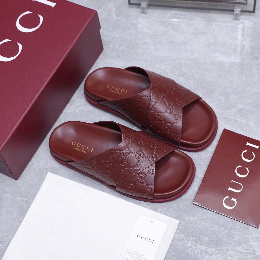 GUCCI 26S CROSSOVER SANDALS IN BURGUNDY RED GG EMBOSSED CALFSKIN