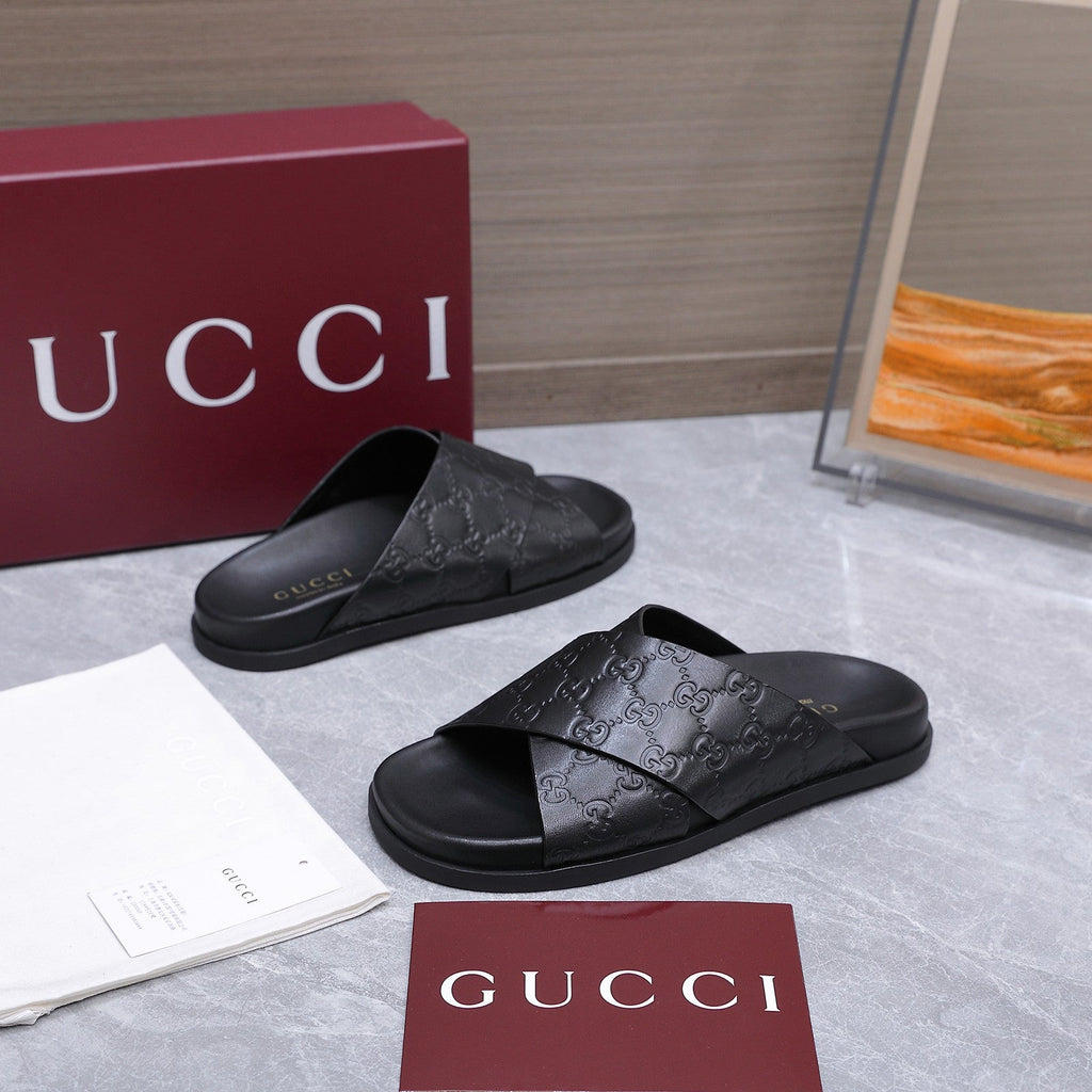 GUCCI 26S CROSSOVER SANDALS IN BLACK GG EMBOSSED CALFSKIN