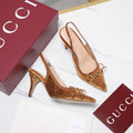 GUCCI 26S SLINGBACK PUMPS 100MM IN CARAMEL BROWN VELVET GOLD HARDWARE WITH BOW