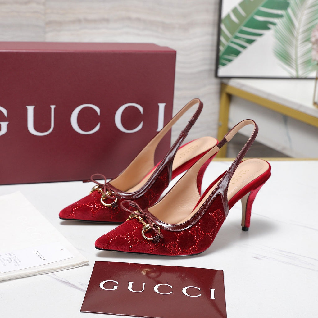 GUCCI 26S SLINGBACK PUMPS 100MM IN DARK RED VELVET GOLD HARDWARE WITH BOW