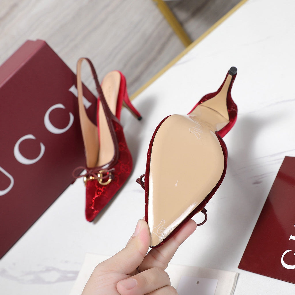 GUCCI 26S SLINGBACK PUMPS 100MM IN DARK RED VELVET GOLD HARDWARE WITH BOW