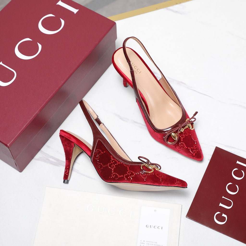 GUCCI 26S SLINGBACK PUMPS 100MM IN DARK RED VELVET GOLD HARDWARE WITH BOW