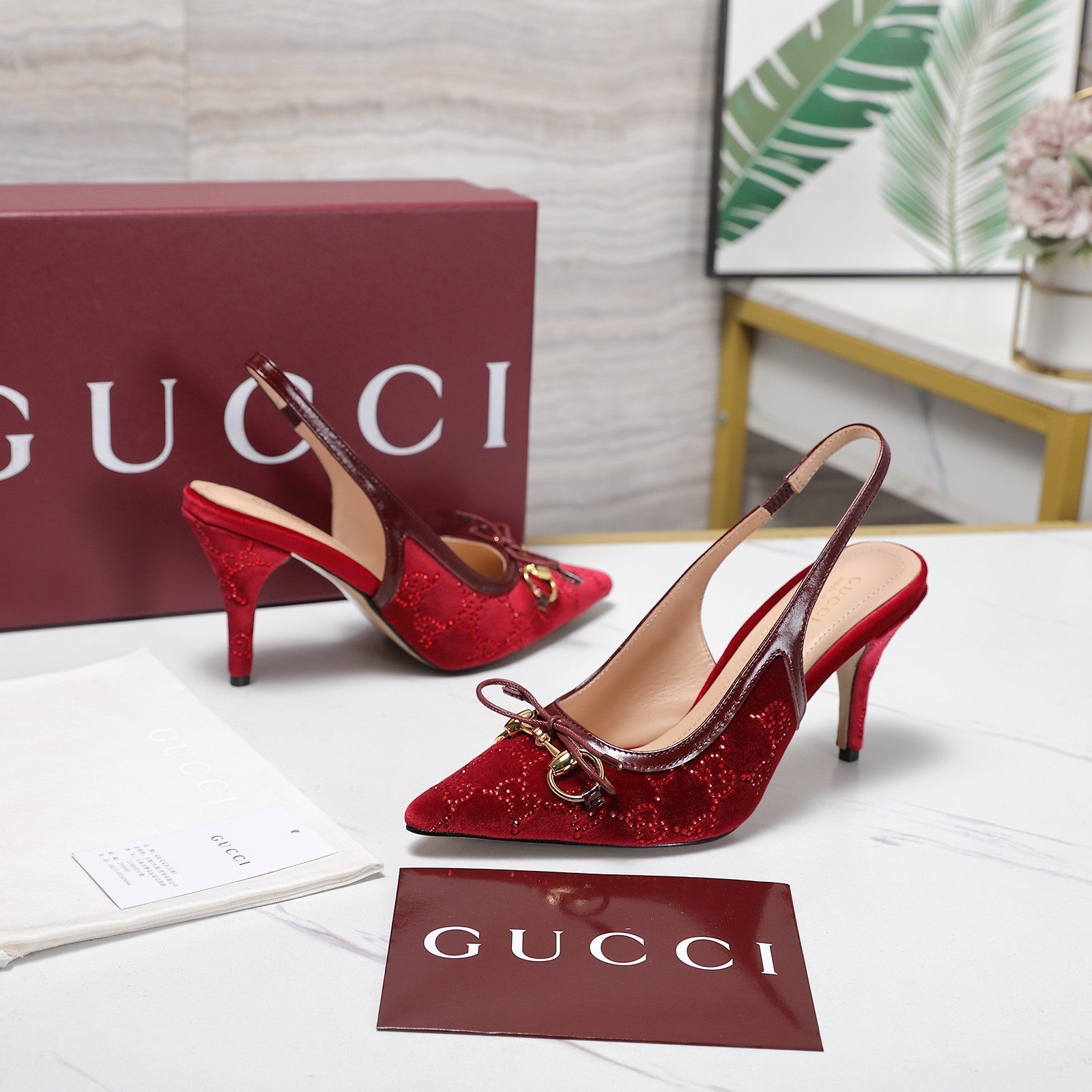 GUCCI 26S SLINGBACK PUMPS 100MM IN DARK RED VELVET GOLD HARDWARE WITH BOW
