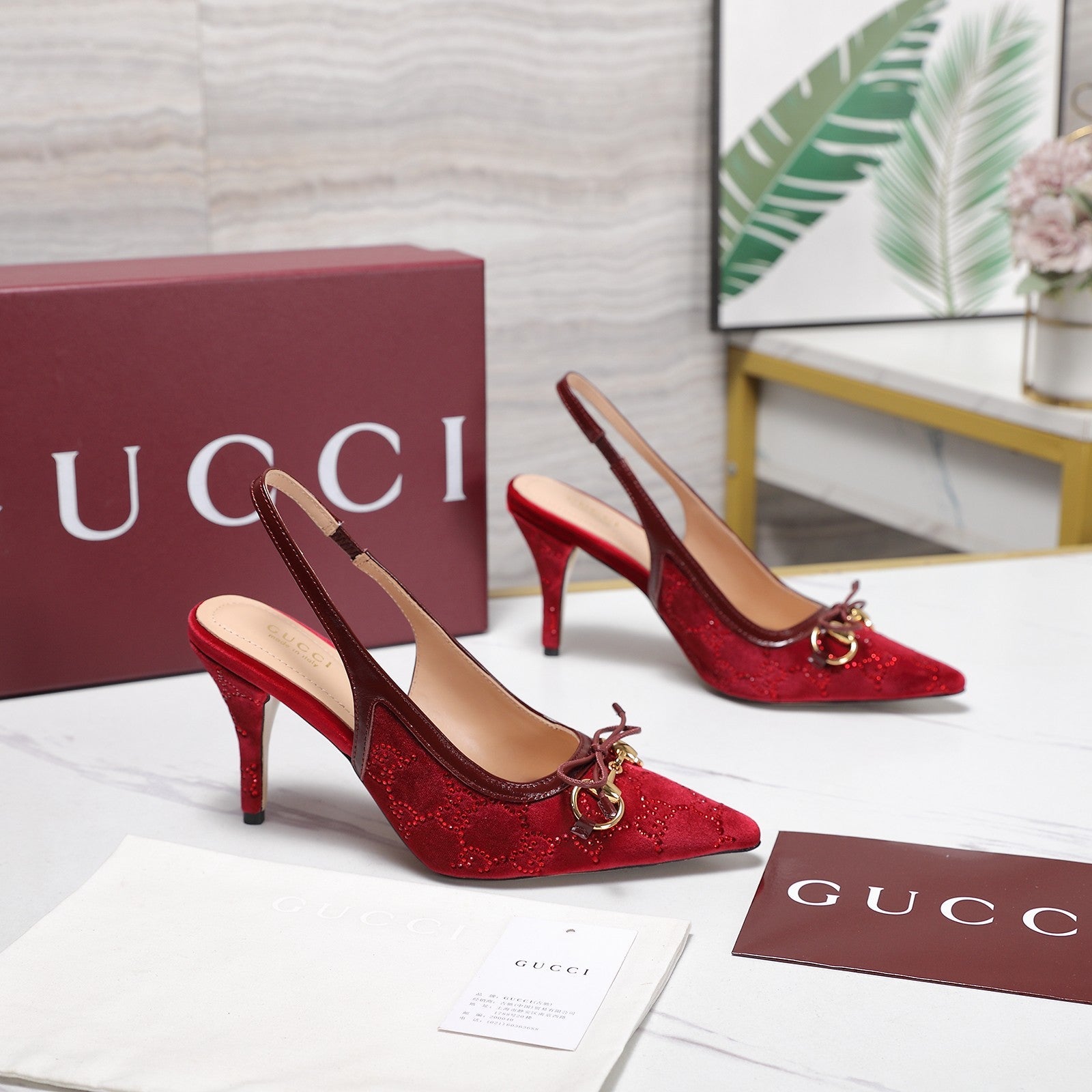 GUCCI 26S SLINGBACK PUMPS 100MM IN DARK RED VELVET GOLD HARDWARE WITH BOW