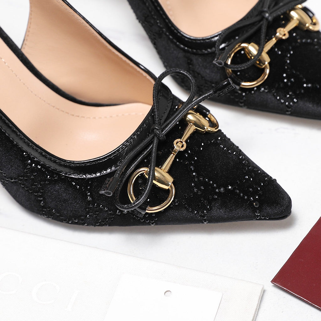 GUCCI 26S SLINGBACK PUMPS 100MM IN BLACK VELVET GOLD HARDWARE WITH BOW