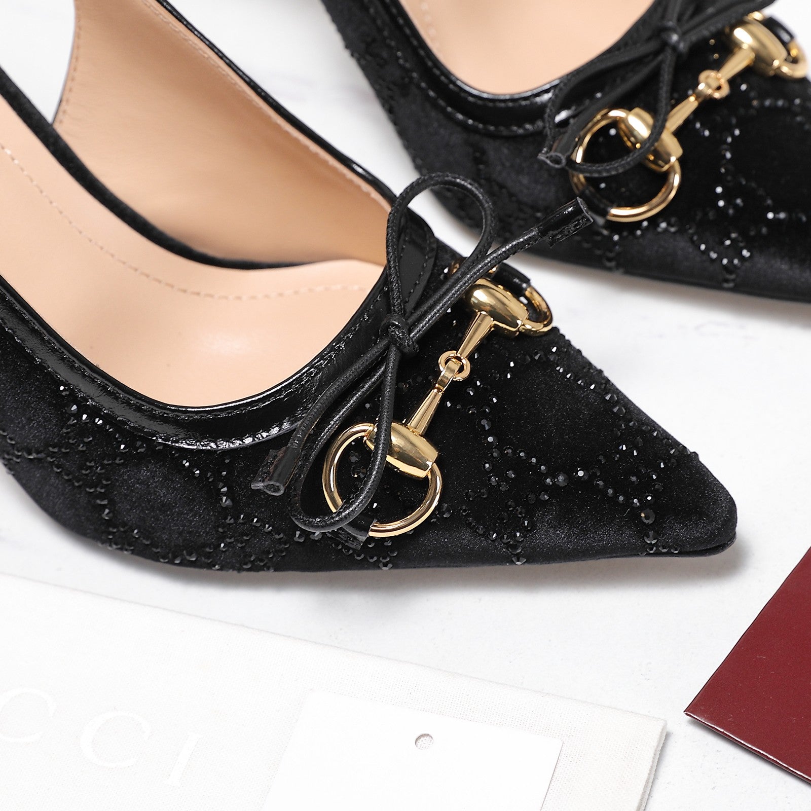 GUCCI 26S SLINGBACK PUMPS 100MM IN BLACK VELVET GOLD HARDWARE WITH BOW