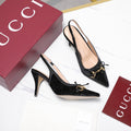 GUCCI 26S SLINGBACK PUMPS 100MM IN BLACK VELVET GOLD HARDWARE WITH BOW