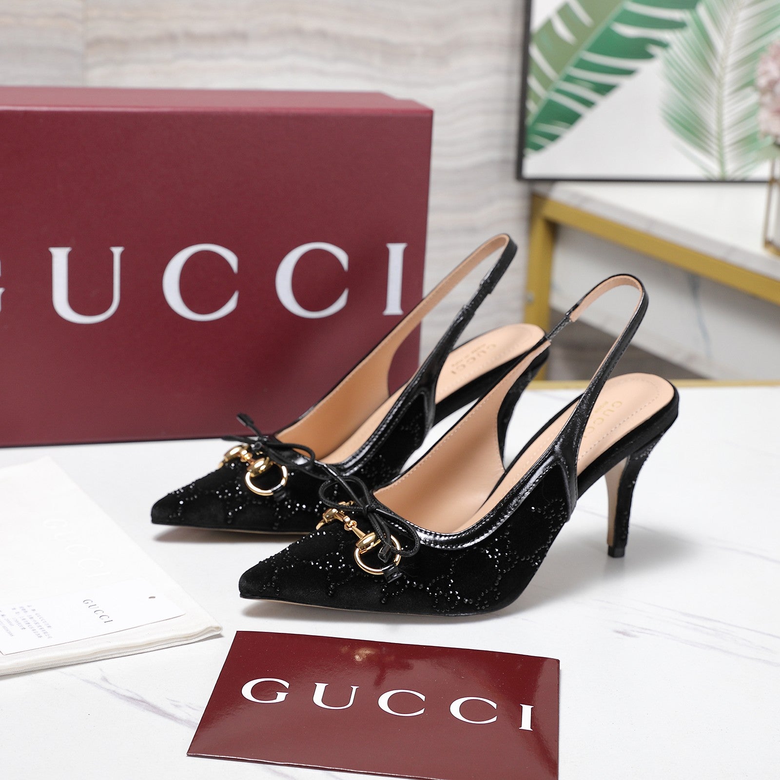 GUCCI 26S SLINGBACK PUMPS 100MM IN BLACK VELVET GOLD HARDWARE WITH BOW
