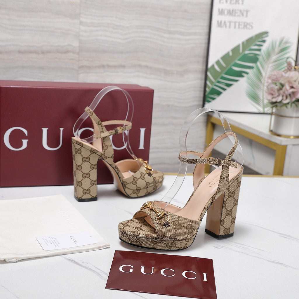 GUCCI 26S HORSEBIT ANKLE STRAP PLATFORM HEELS 115MM IN BEIGE CANVAS