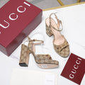 GUCCI 26S HORSEBIT ANKLE STRAP PLATFORM HEELS 115MM IN BEIGE CANVAS