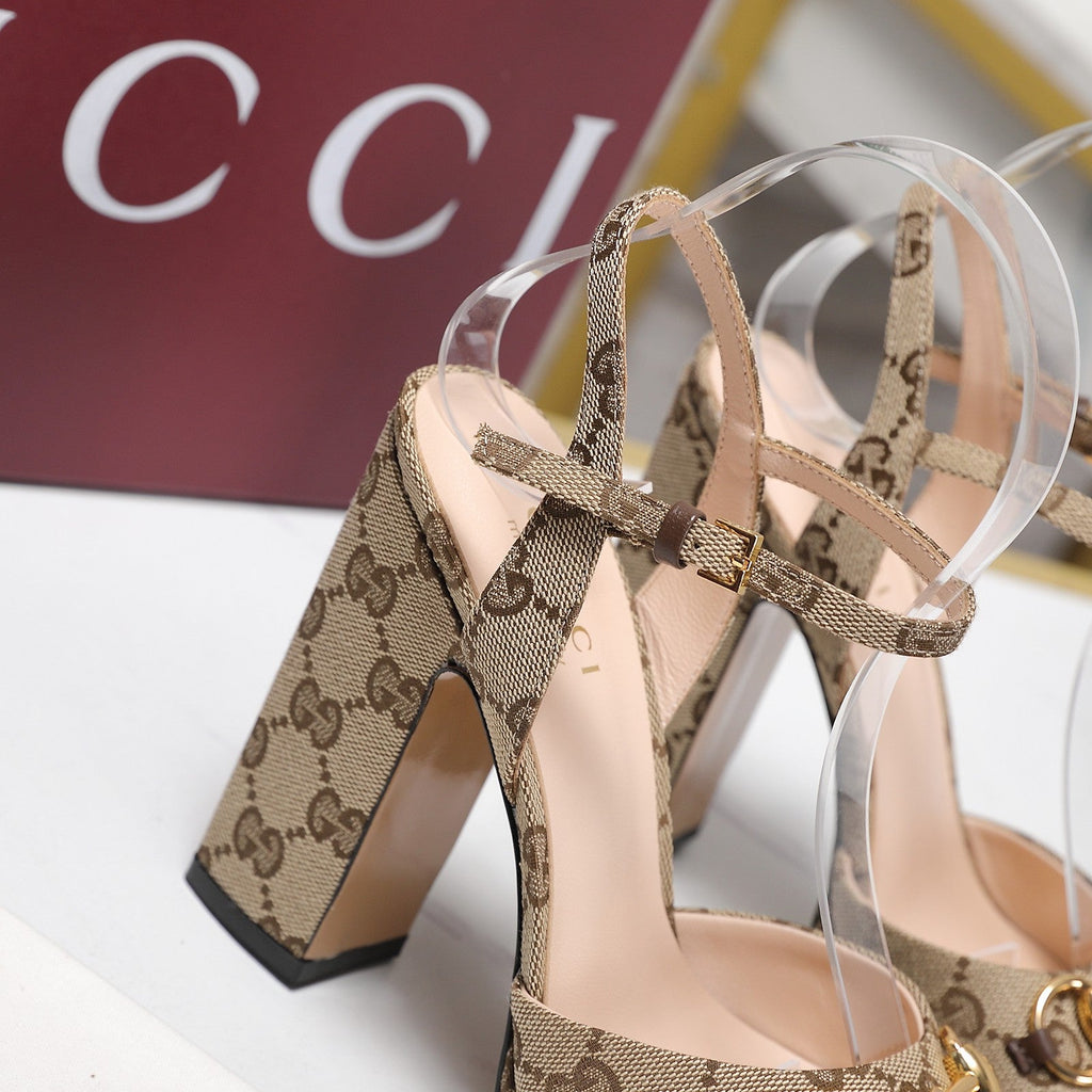 GUCCI 26S HORSEBIT ANKLE STRAP PLATFORM HEELS 115MM IN BEIGE CANVAS