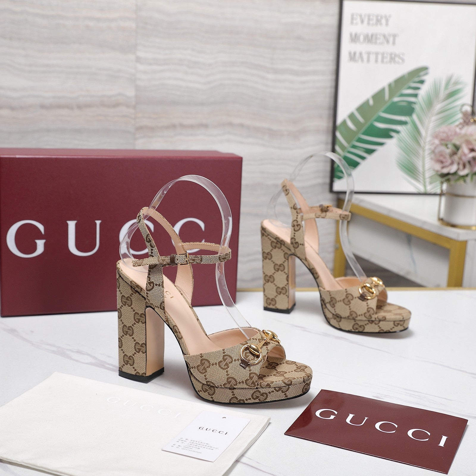 GUCCI 26S HORSEBIT ANKLE STRAP PLATFORM HEELS 115MM IN BEIGE CANVAS