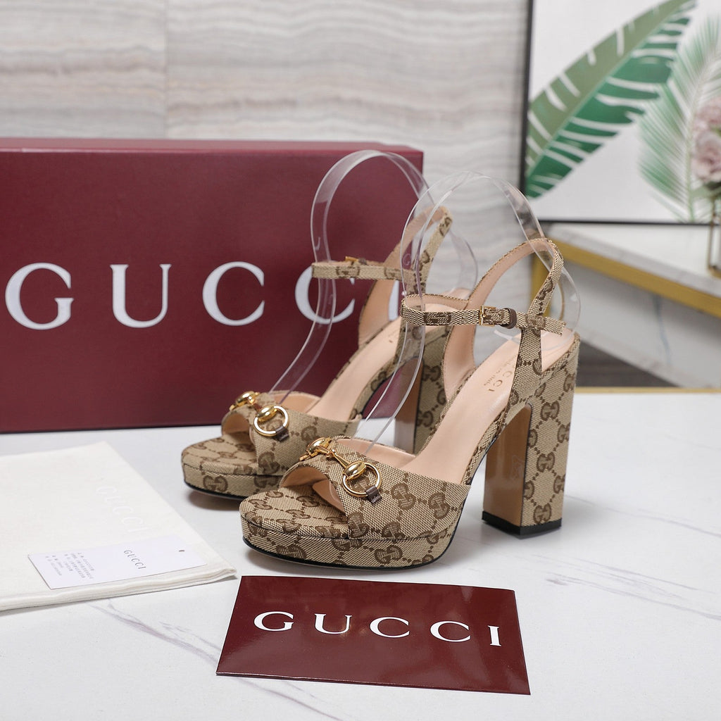 GUCCI 26S HORSEBIT ANKLE STRAP PLATFORM HEELS 115MM IN BEIGE CANVAS