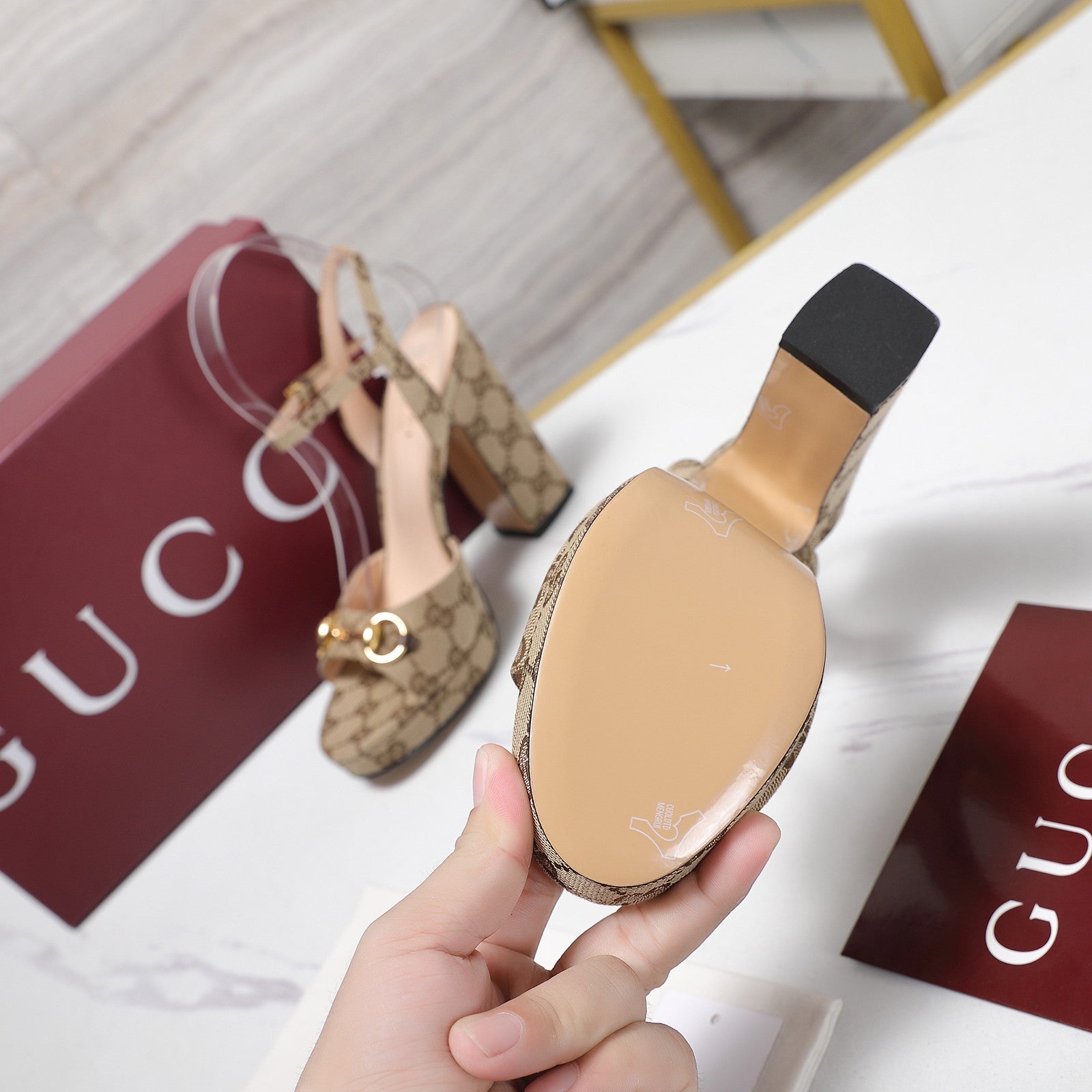 GUCCI 26S HORSEBIT ANKLE STRAP PLATFORM HEELS 115MM IN BEIGE CANVAS