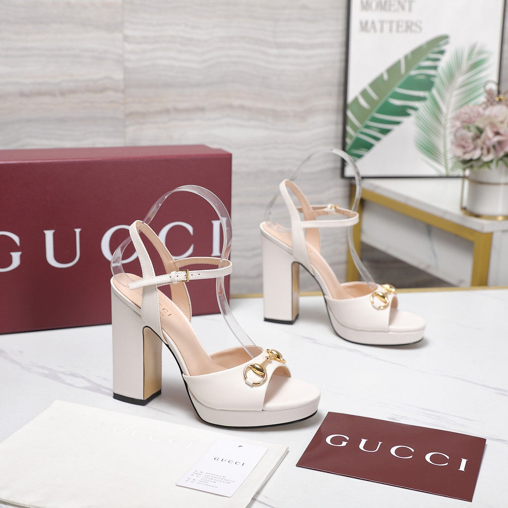 GUCCI 26S HORSEBIT ANKLE STRAP PLATFORM HEELS 115MM IN IVORY WHITE CALFSKIN
