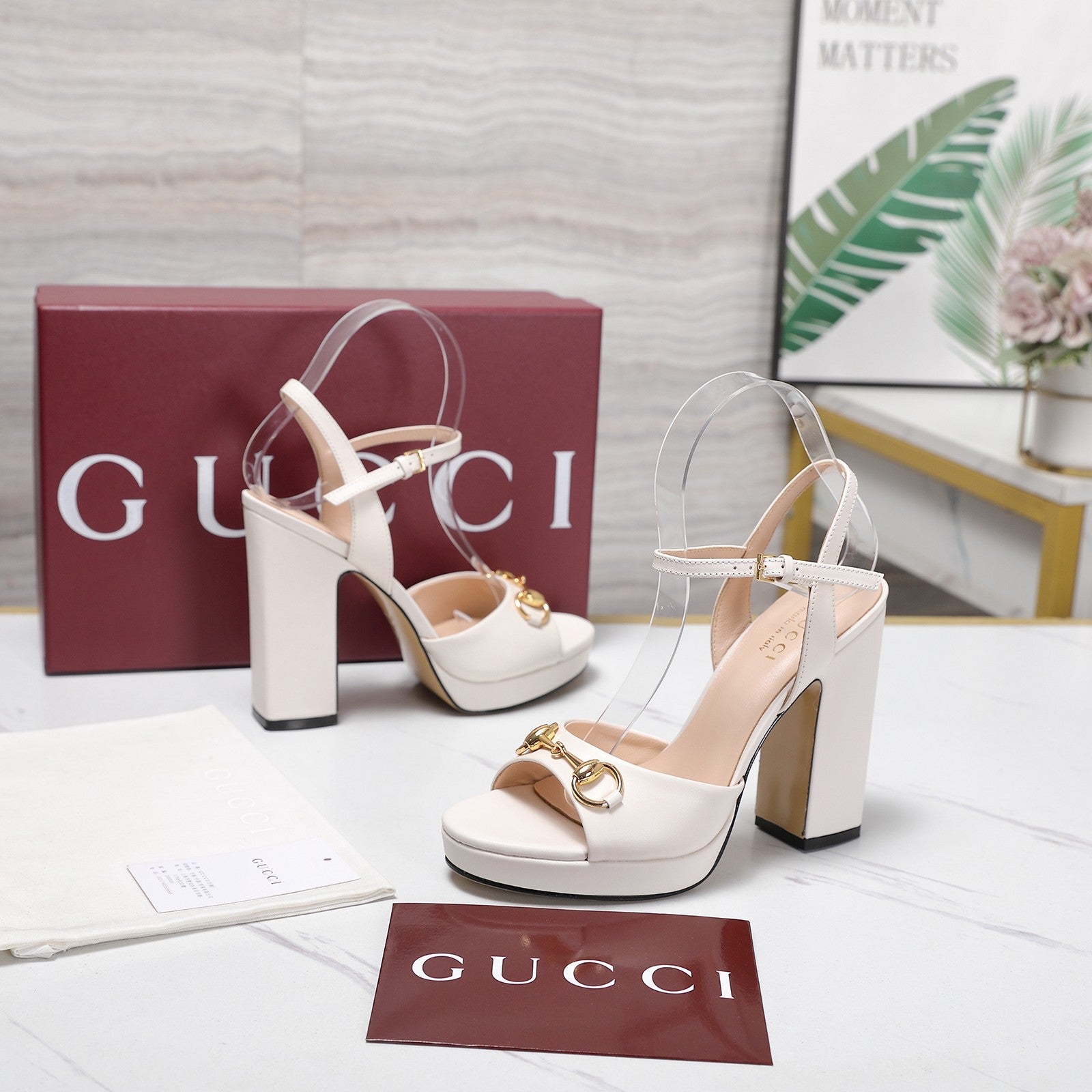 GUCCI 26S HORSEBIT ANKLE STRAP PLATFORM HEELS 115MM IN IVORY WHITE CALFSKIN