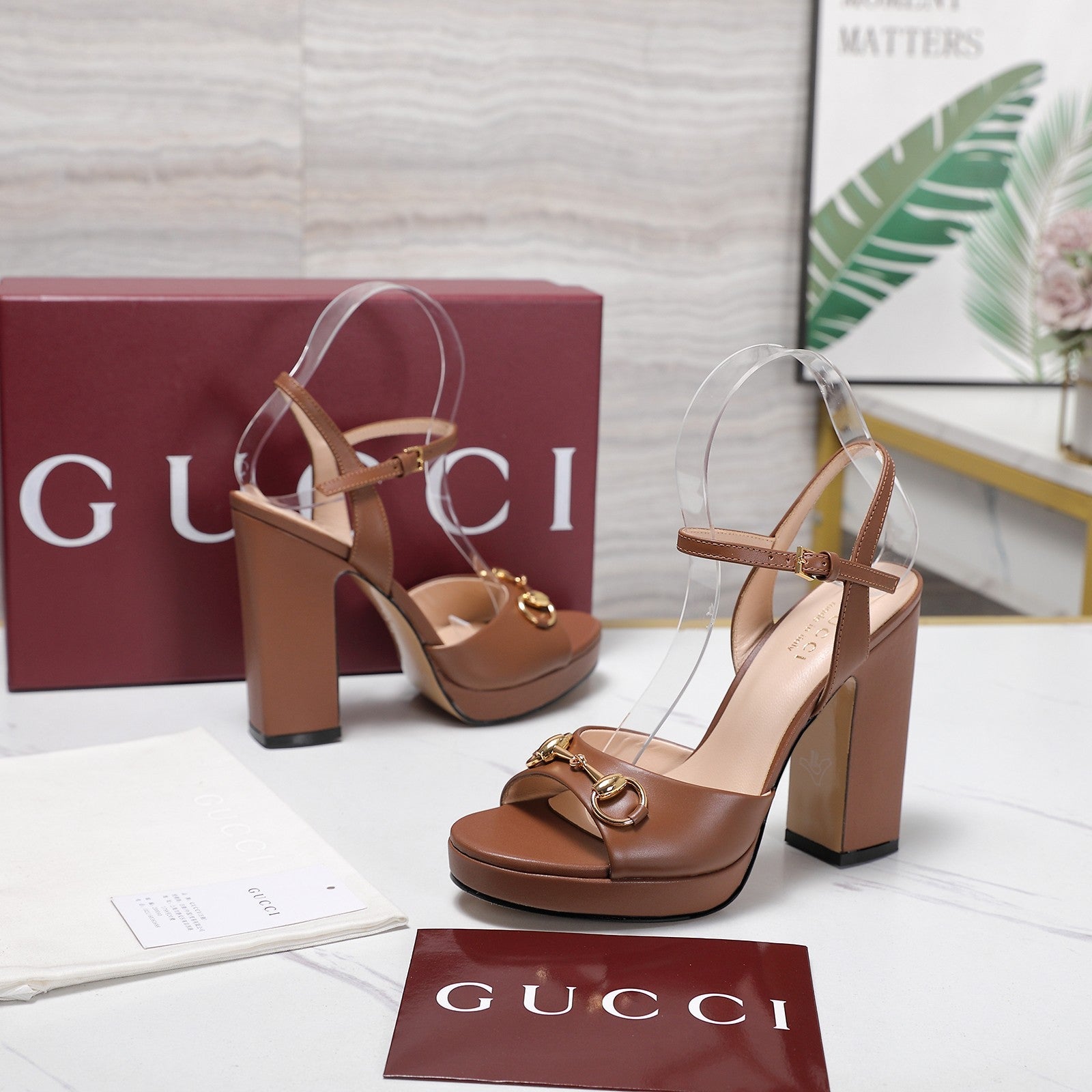 GUCCI 26S HORSEBIT ANKLE STRAP PLATFORM HEELS 115MM IN CARAMEL BROWN CALFSKIN