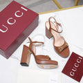 GUCCI 26S HORSEBIT ANKLE STRAP PLATFORM HEELS 115MM IN CARAMEL BROWN CALFSKIN