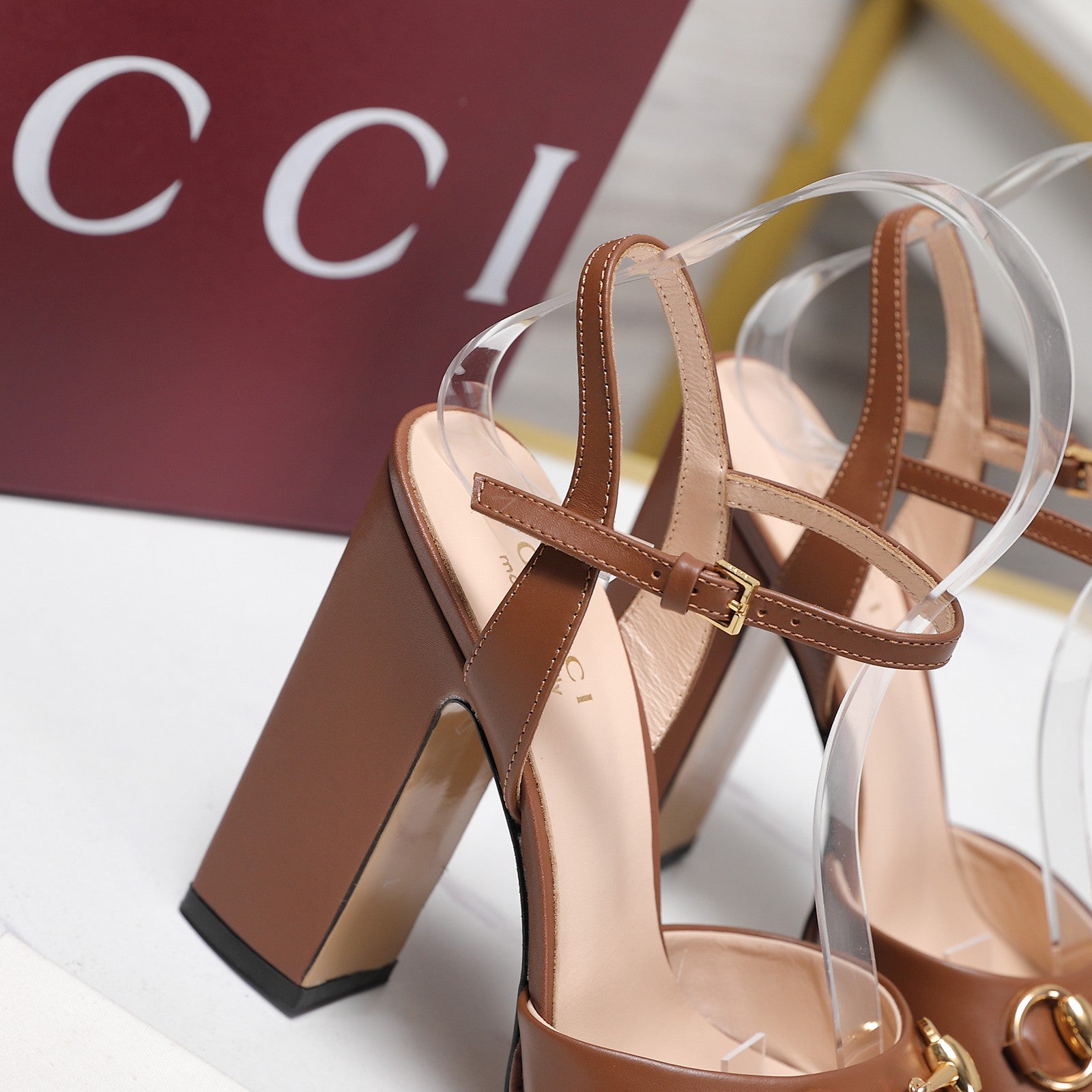 GUCCI 26S HORSEBIT ANKLE STRAP PLATFORM HEELS 115MM IN CARAMEL BROWN CALFSKIN