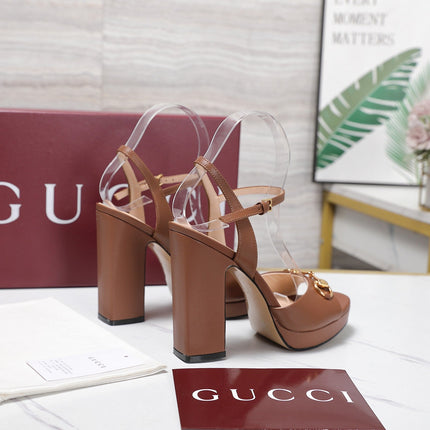 GUCCI 26S HORSEBIT ANKLE STRAP PLATFORM HEELS 115MM IN CARAMEL BROWN CALFSKIN