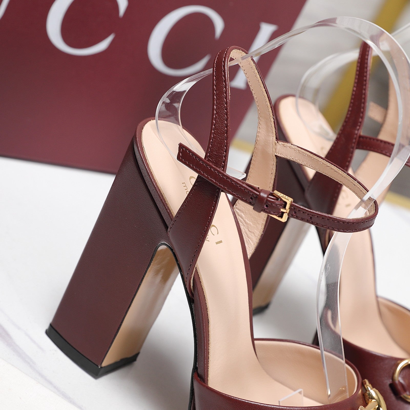 GUCCI 26S HORSEBIT ANKLE STRAP PLATFORM HEELS 115MM IN BURGUNDY RED CALFSKIN