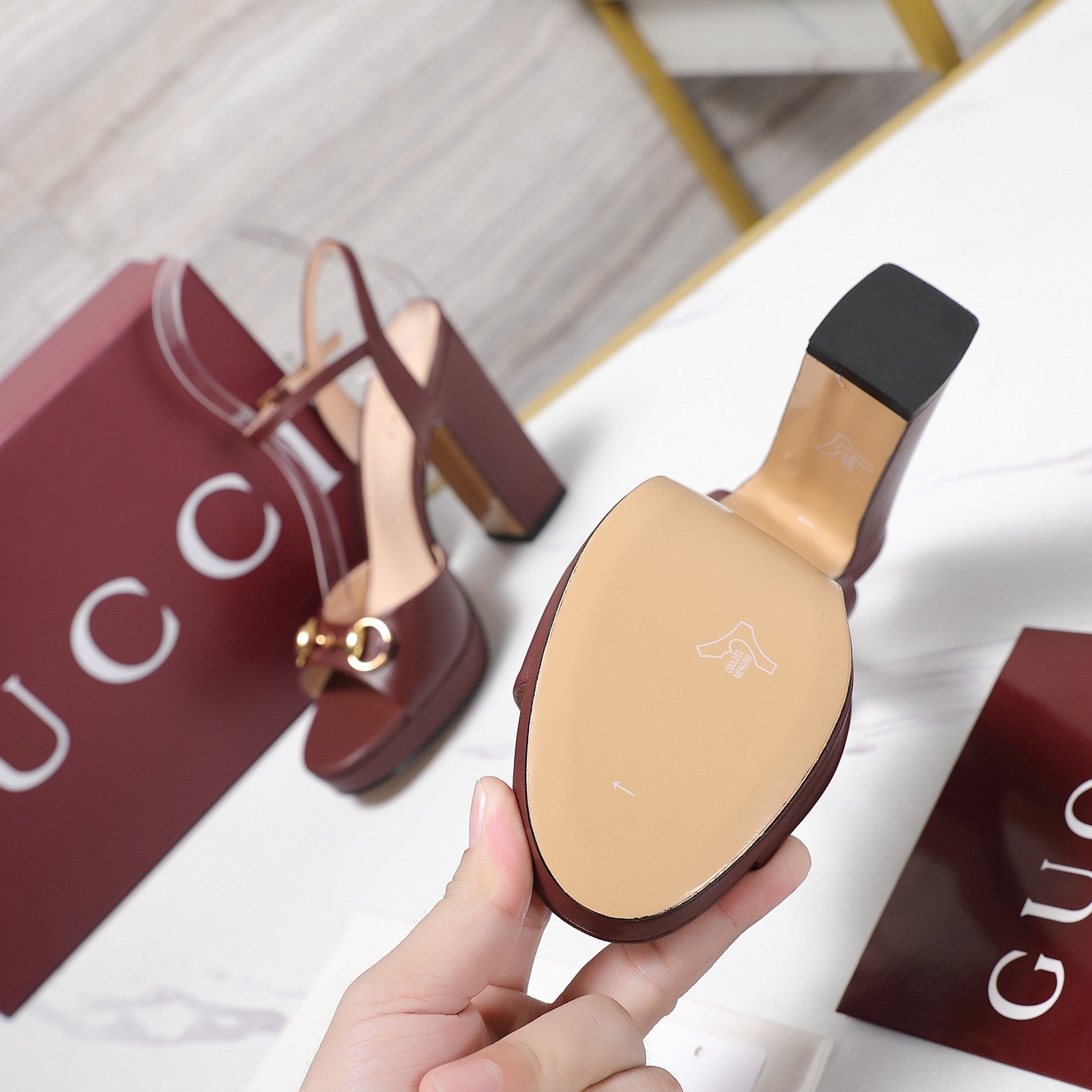 GUCCI 26S HORSEBIT ANKLE STRAP PLATFORM HEELS 115MM IN BURGUNDY RED CALFSKIN