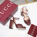 GUCCI 26S HORSEBIT ANKLE STRAP PLATFORM HEELS 115MM IN BURGUNDY RED CALFSKIN