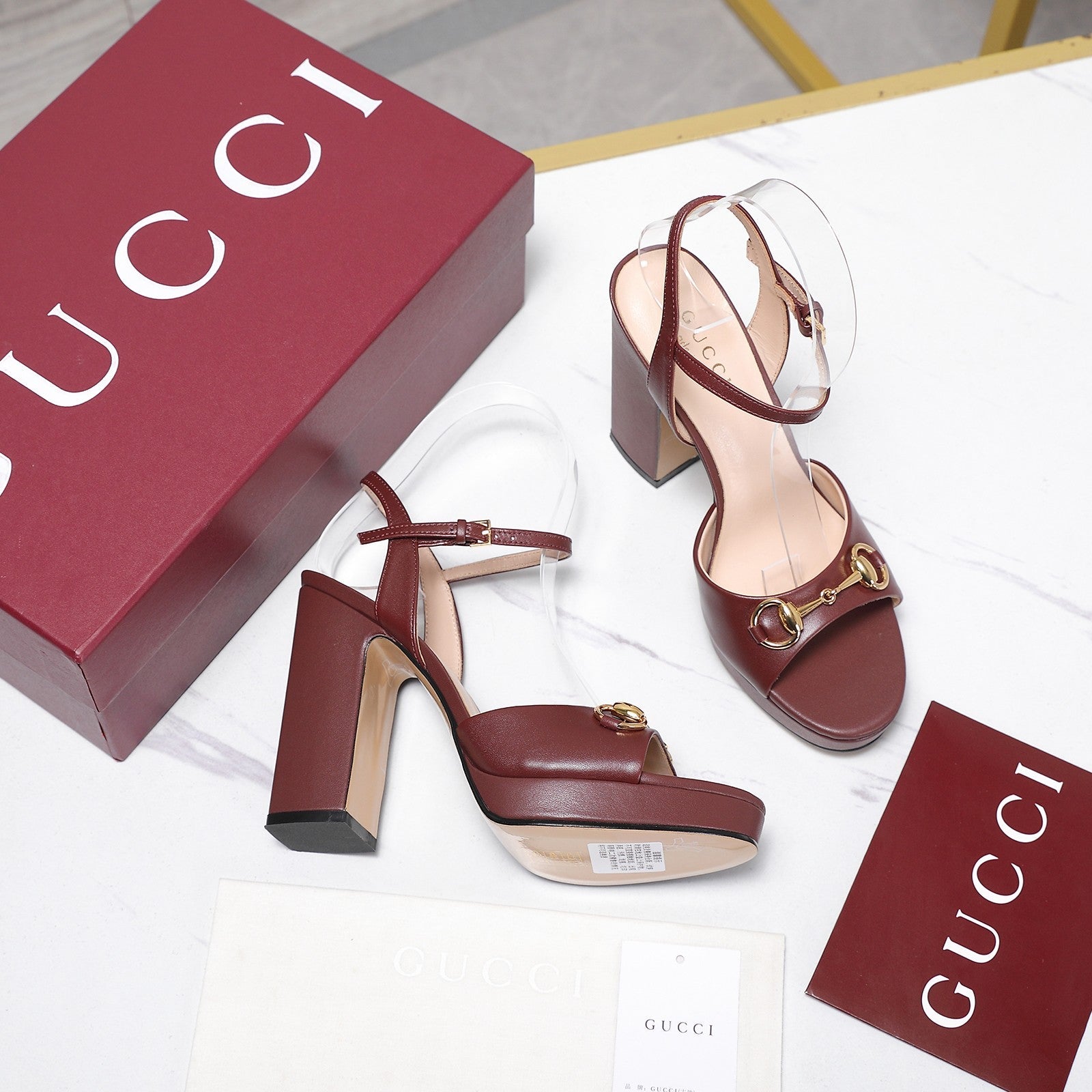 GUCCI 26S HORSEBIT ANKLE STRAP PLATFORM HEELS 115MM IN BURGUNDY RED CALFSKIN