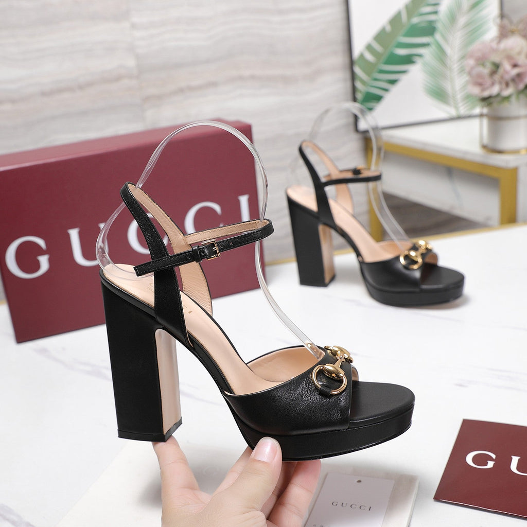 GUCCI 26S HORSEBIT ANKLE STRAP PLATFORM HEELS 115MM IN BLACK CALFSKIN
