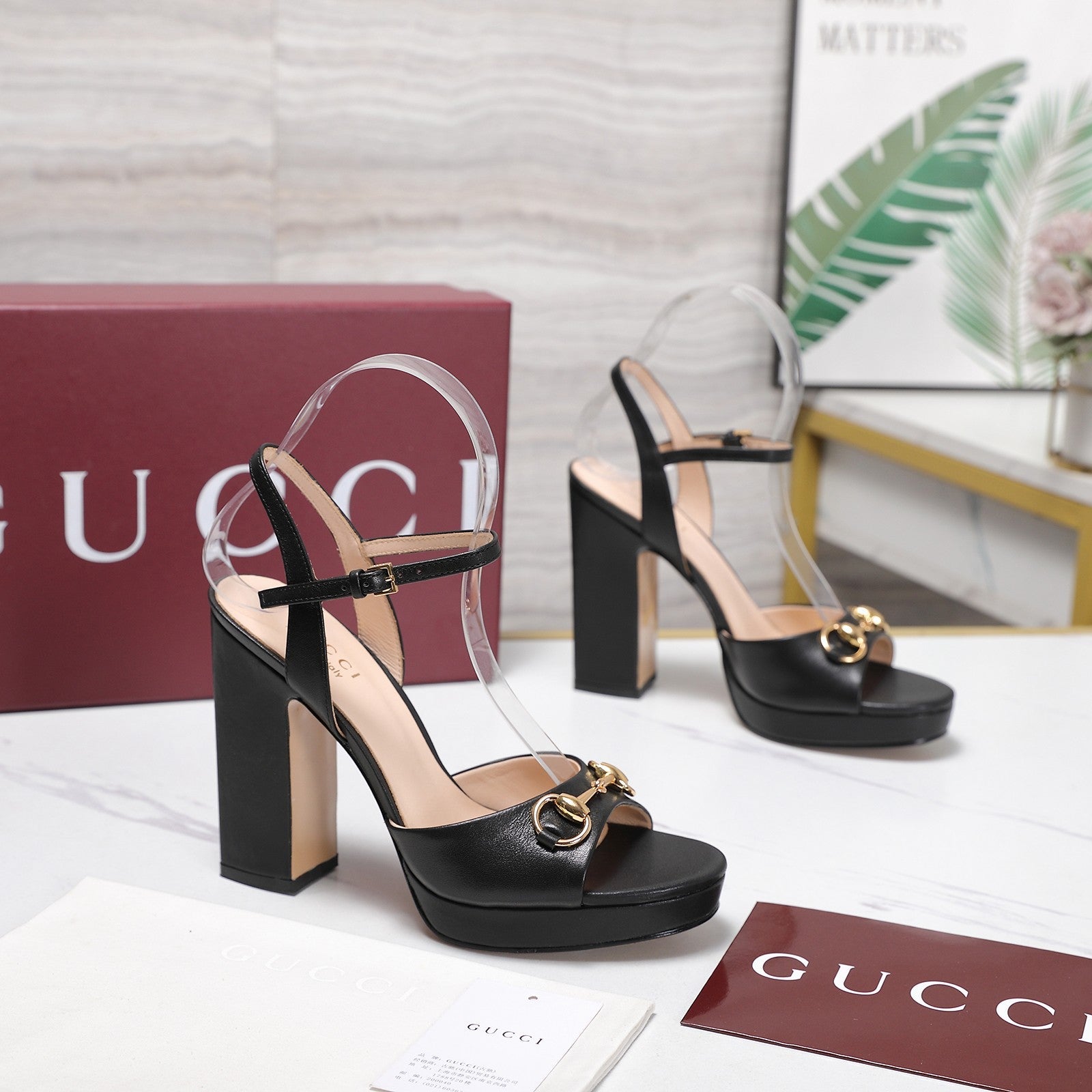 GUCCI 26S HORSEBIT ANKLE STRAP PLATFORM HEELS 115MM IN BLACK CALFSKIN