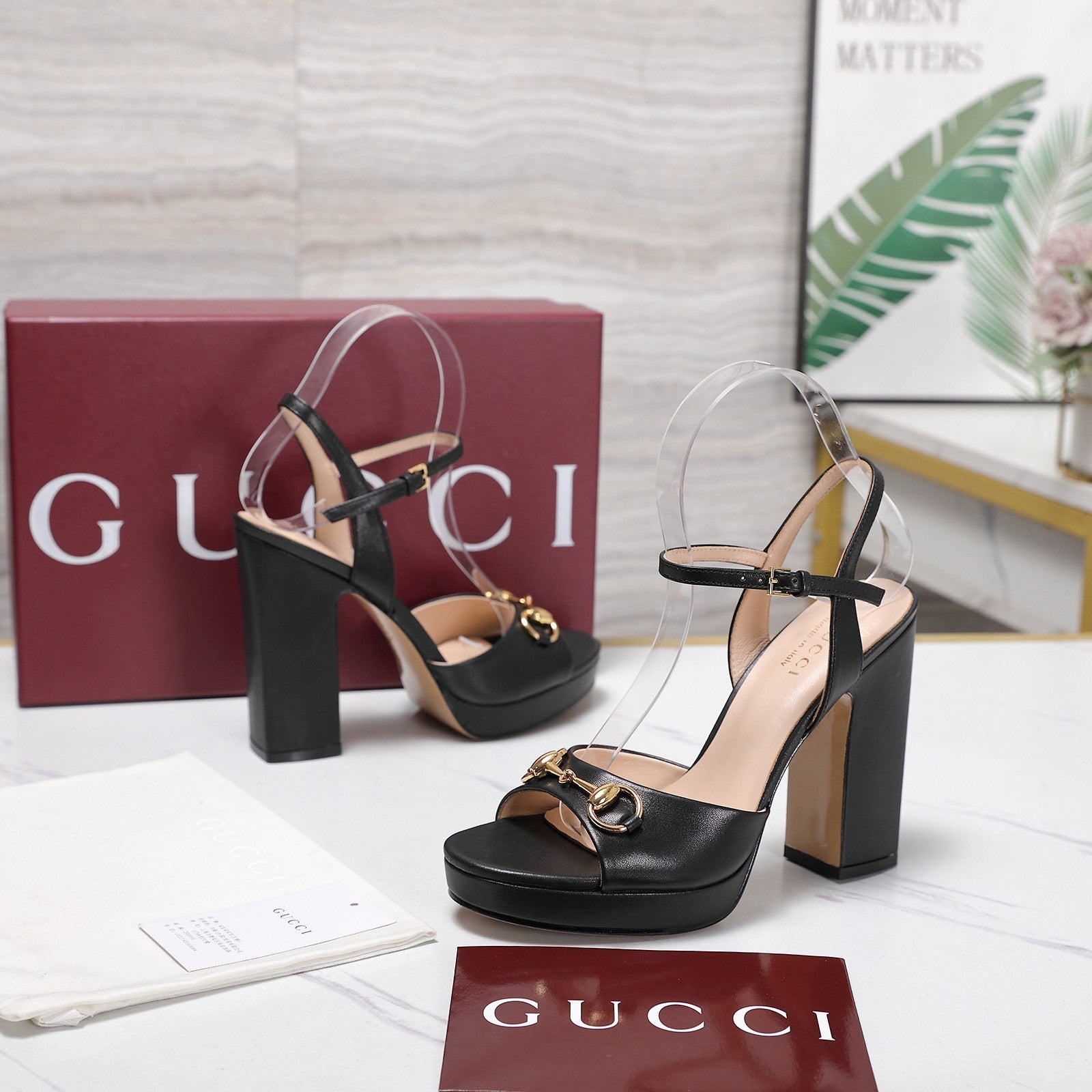 GUCCI 26S HORSEBIT ANKLE STRAP PLATFORM HEELS 115MM IN BLACK CALFSKIN