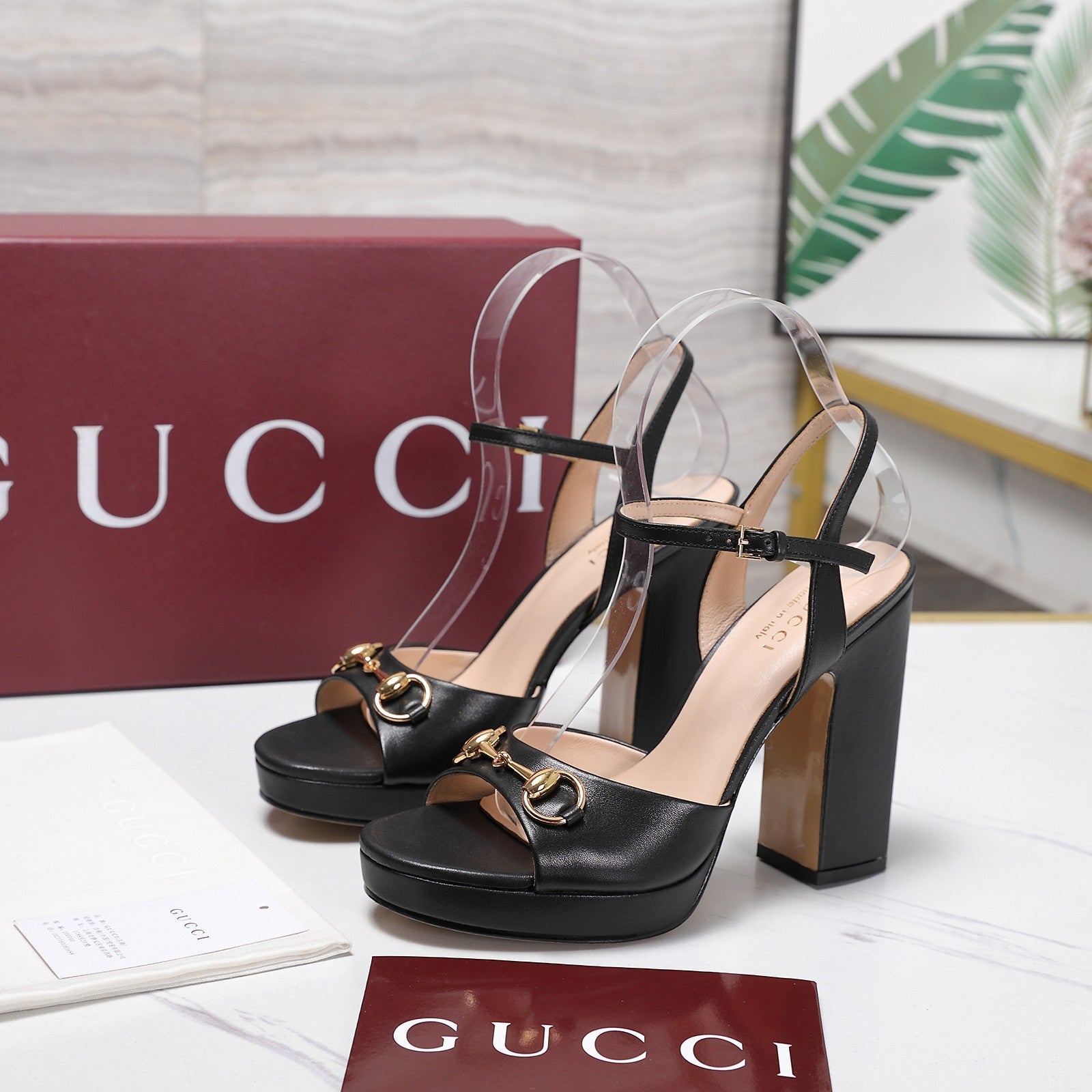 GUCCI 26S HORSEBIT ANKLE STRAP PLATFORM HEELS 115MM IN BLACK CALFSKIN