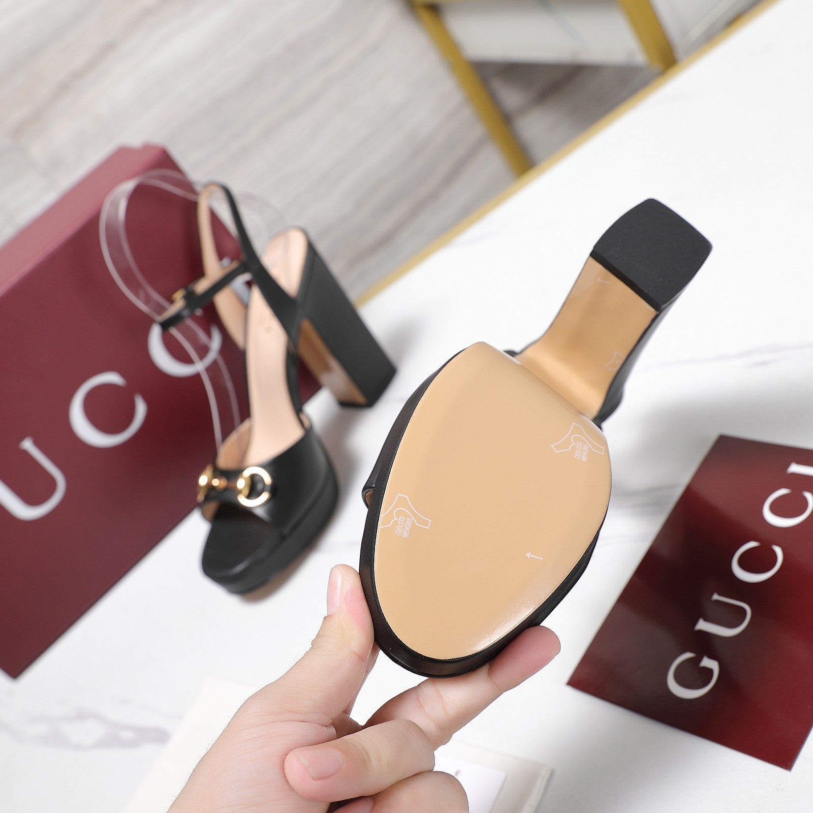 GUCCI 26S HORSEBIT ANKLE STRAP PLATFORM HEELS 115MM IN BLACK CALFSKIN