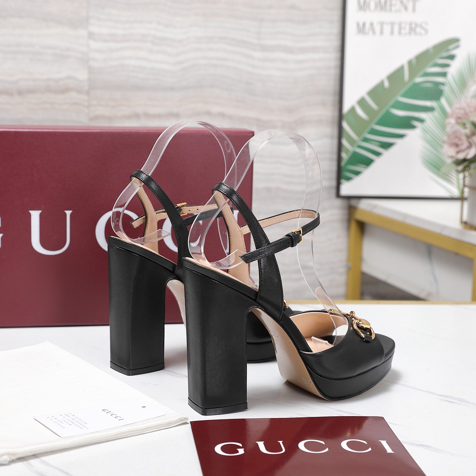 GUCCI 26S HORSEBIT ANKLE STRAP PLATFORM HEELS 115MM IN BLACK CALFSKIN