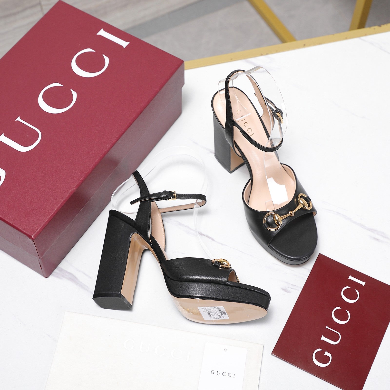 GUCCI 26S HORSEBIT ANKLE STRAP PLATFORM HEELS 115MM IN BLACK CALFSKIN