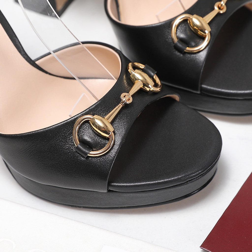 GUCCI 26S HORSEBIT ANKLE STRAP PLATFORM HEELS 115MM IN BLACK CALFSKIN