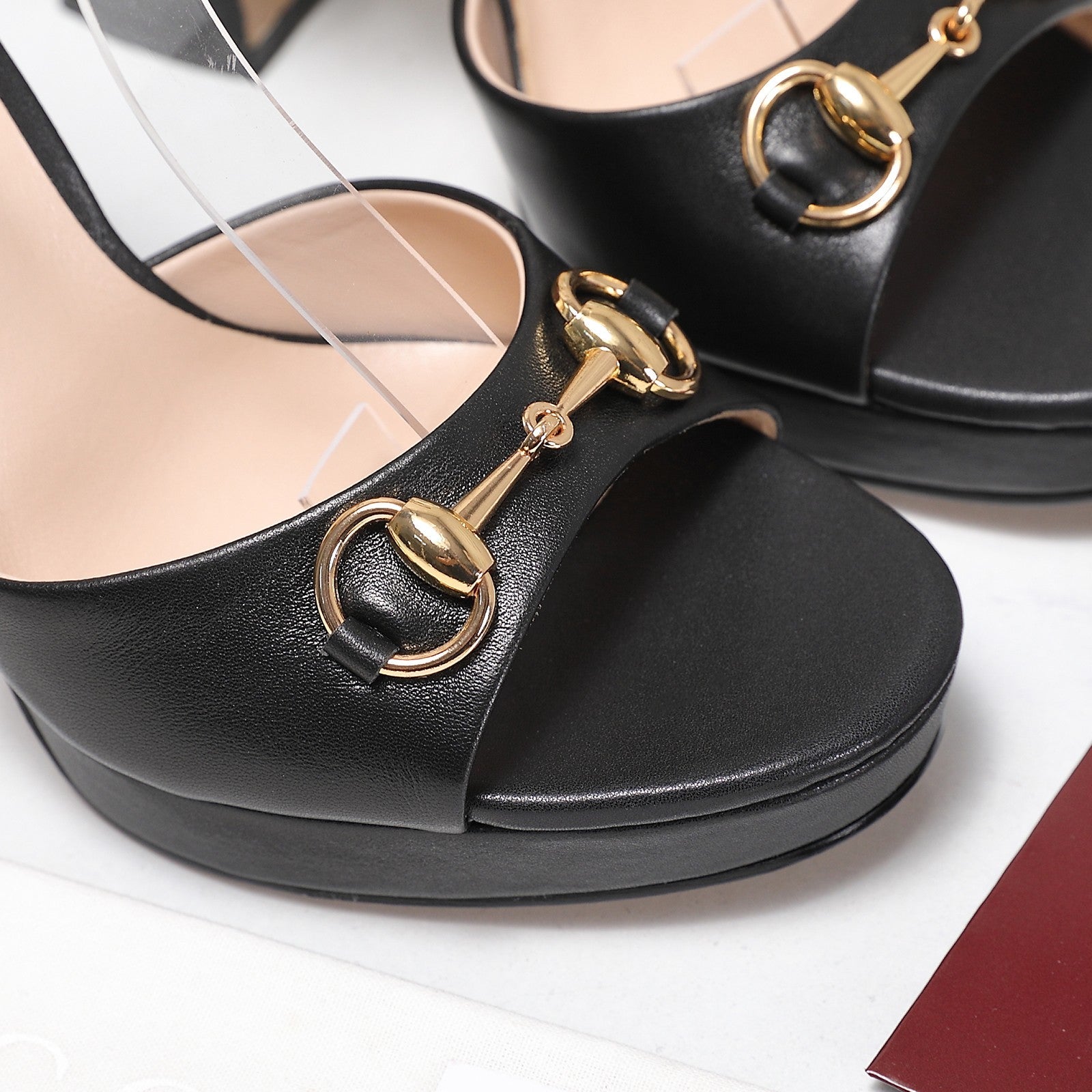 GUCCI 26S HORSEBIT ANKLE STRAP PLATFORM HEELS 115MM IN BLACK CALFSKIN