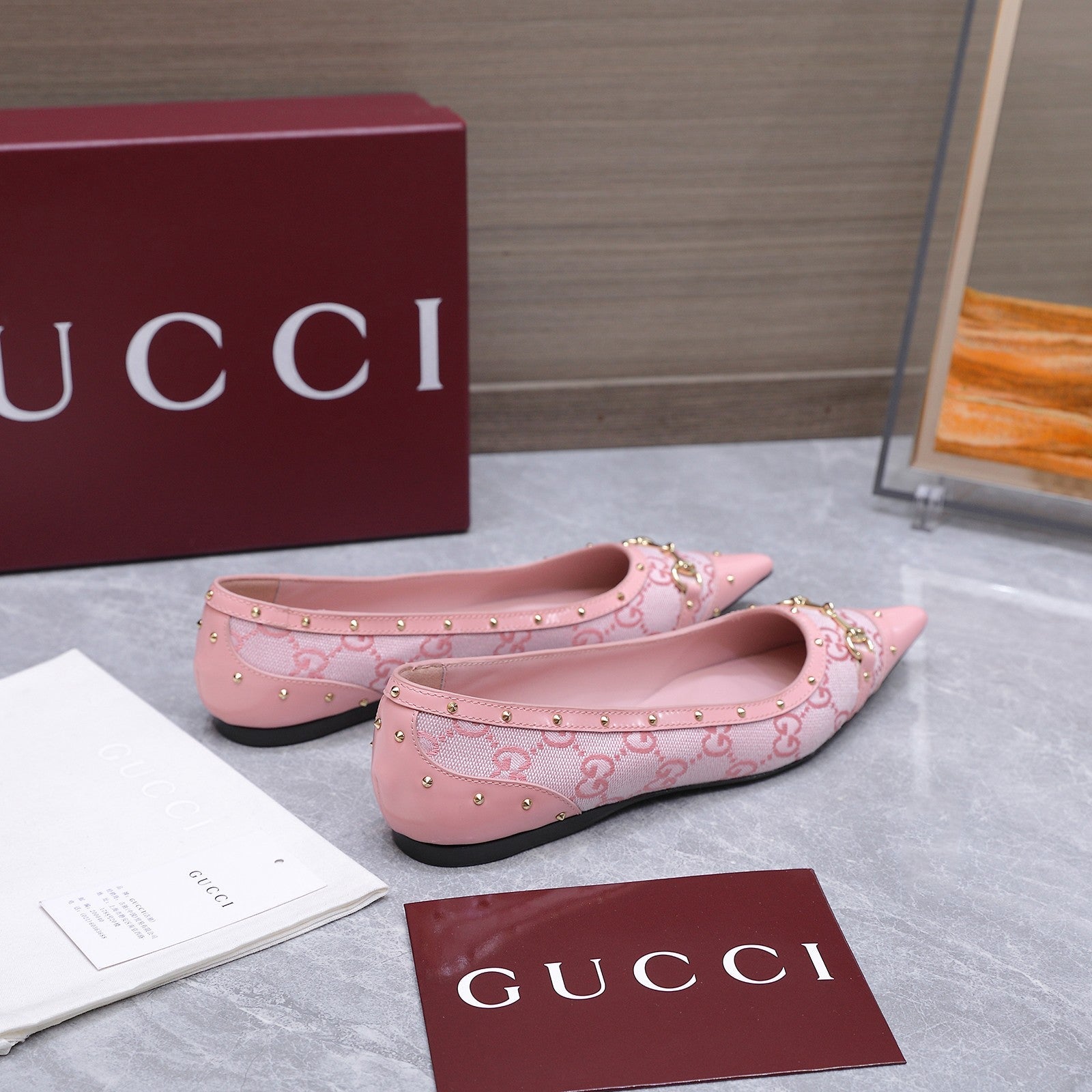 GUCCI 26S SAVOY BALLERINA FLATS IN PINK CANVAS AND CALFSKIN WITH STUDDED TRIM