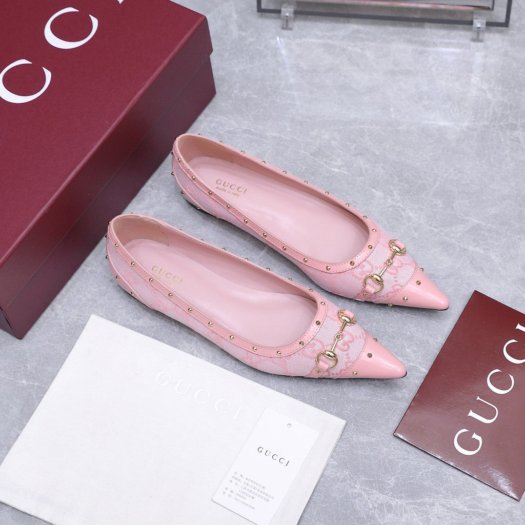 GUCCI 26S SAVOY BALLERINA FLATS IN PINK CANVAS AND CALFSKIN WITH STUDDED TRIM