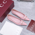 GUCCI 26S SAVOY BALLERINA FLATS IN PINK CANVAS AND CALFSKIN WITH STUDDED TRIM