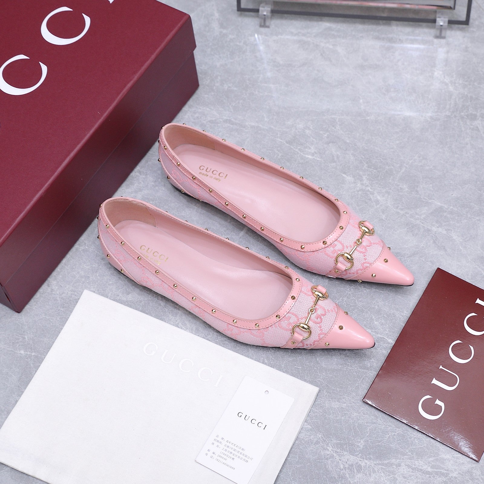 GUCCI 26S SAVOY BALLERINA FLATS IN PINK CANVAS AND CALFSKIN WITH STUDDED TRIM