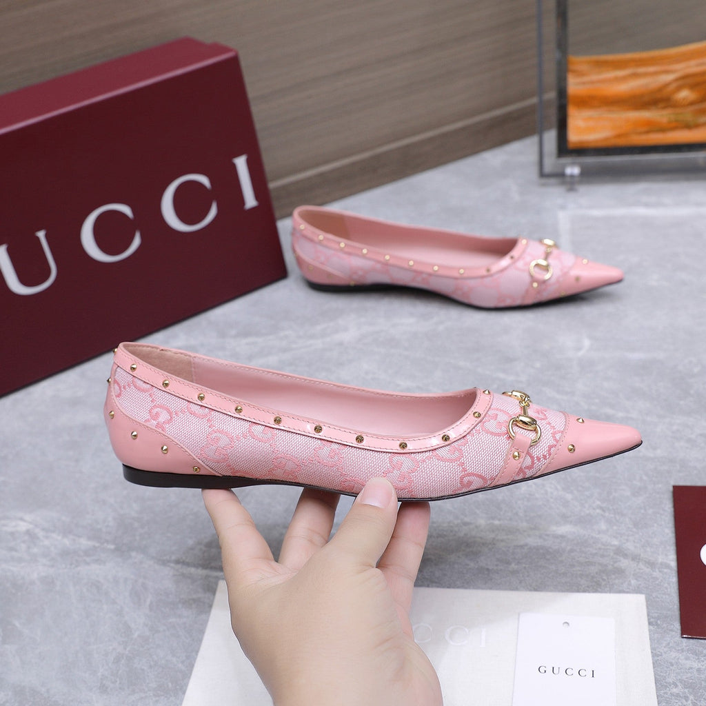 GUCCI 26S SAVOY BALLERINA FLATS IN PINK CANVAS AND CALFSKIN WITH STUDDED TRIM