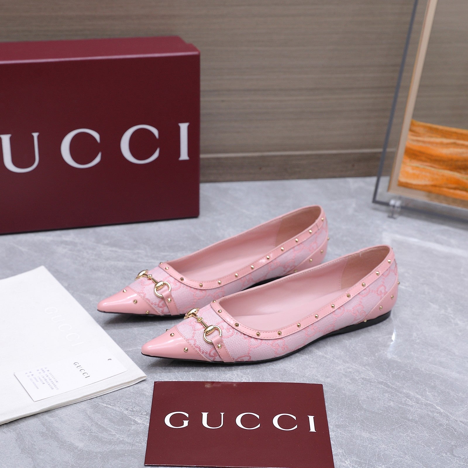 GUCCI 26S SAVOY BALLERINA FLATS IN PINK CANVAS AND CALFSKIN WITH STUDDED TRIM