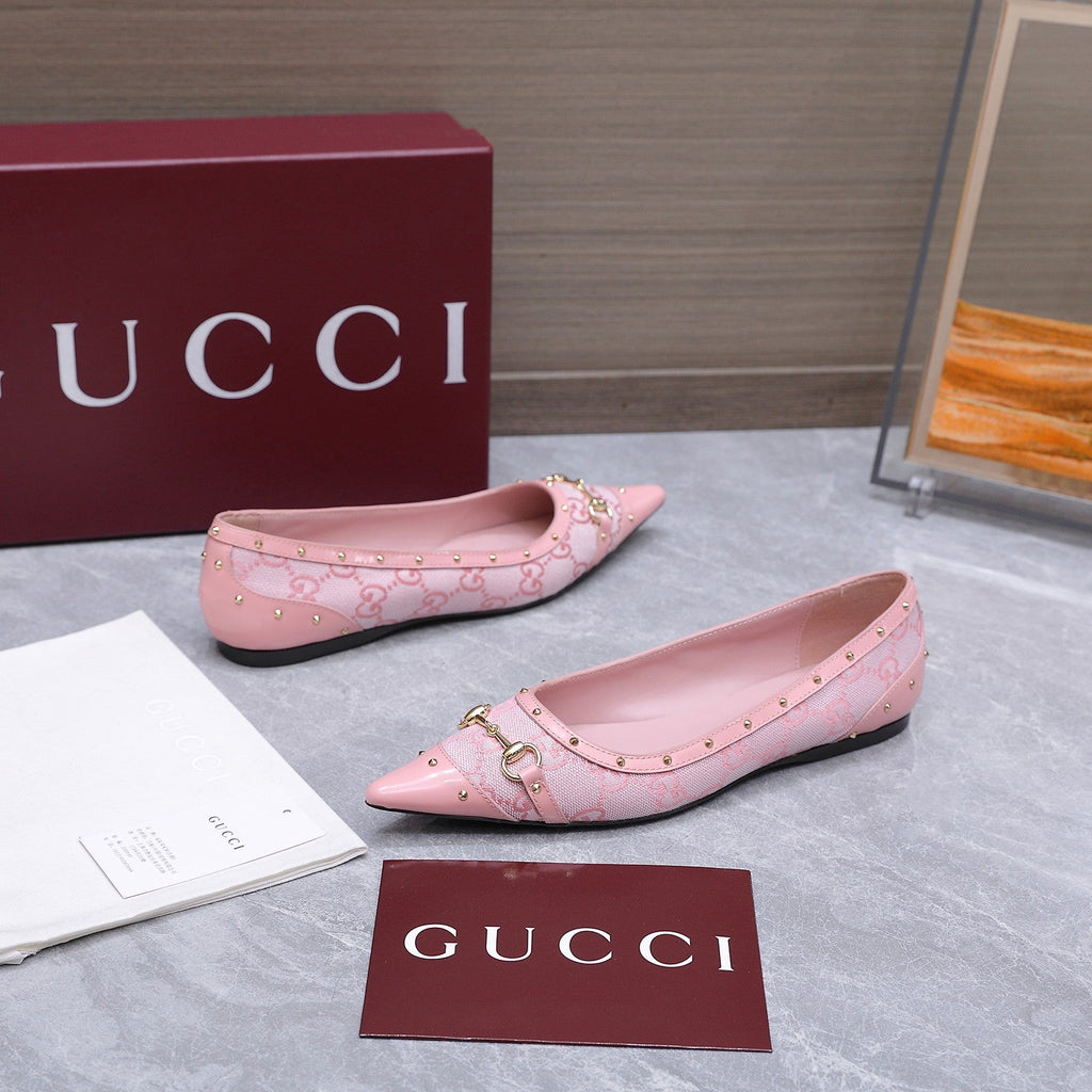 GUCCI 26S SAVOY BALLERINA FLATS IN PINK CANVAS AND CALFSKIN WITH STUDDED TRIM